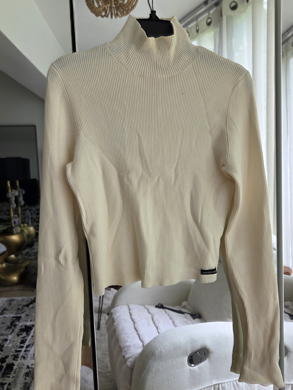 Calvin Klein Jeans Cream Ribbed Mock Neck Sweater